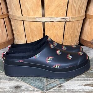 Hunter PLAY Logo Rainbow All Over Print Slip-On Mules Clogs Womens Size 10